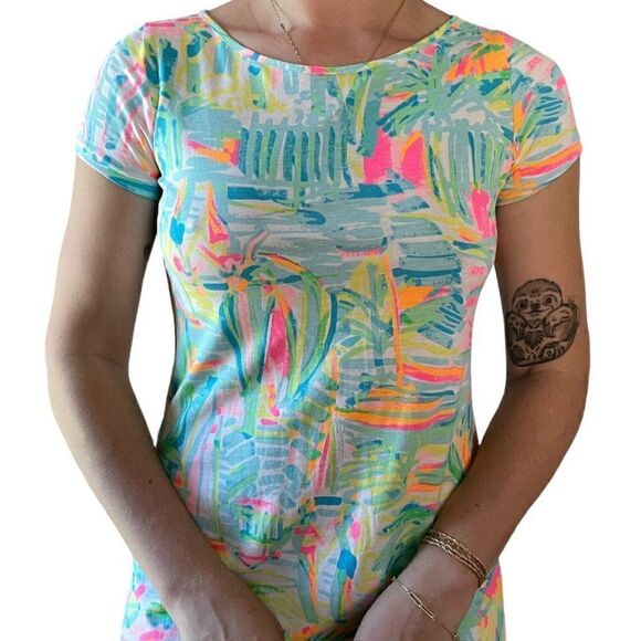 Lilly Pulitzer Womens Neon Floral 100% Pima Cotton Mini Beach Summer Dress XS - Picture 3 of 6